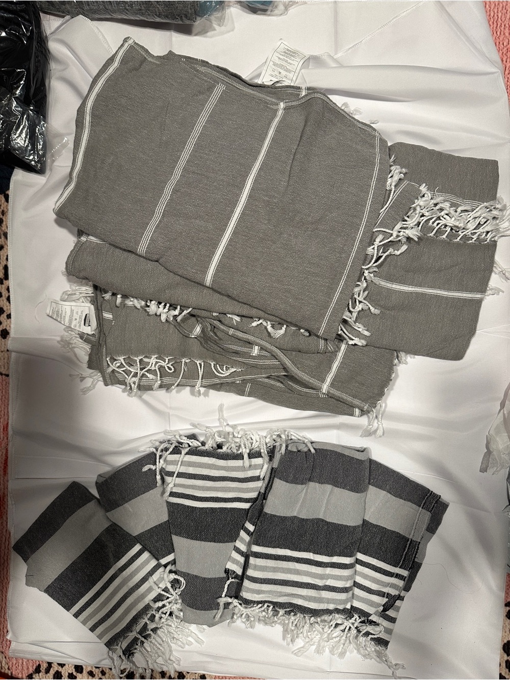 Striped Turkish Peshtemal towels s/6 hand and s/6 bath sized.